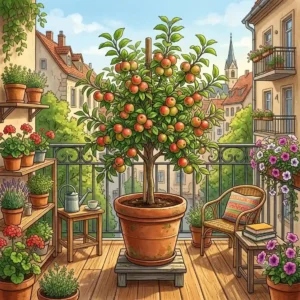 Illustration featuring a thriving dwarf apple tree, a suitable example of 'obstpflanzen im topf für balkon' that can bear fruit in containers