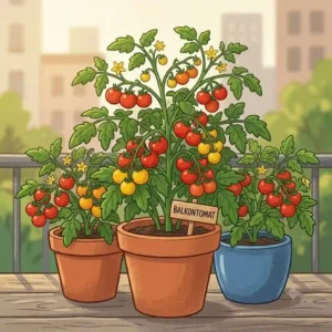 Fresh tomatoes grown in containers as essbare pflanzen für urban gardening.