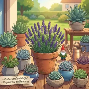 Pflegeleichter Lavendel und Sukkulenten im Tontopf als hitzebeständige Sommerpflanzen für die Terrasse.