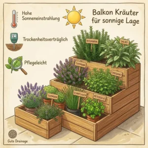 Frische Kräuterpflanzen für sonnige Lage in Töpfen auf einem sonnigen Balkon arrangiert
