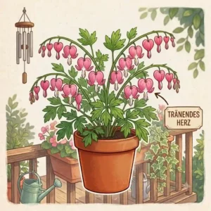 An educational illustration of the unique pink and white Tränendes Herz, great balkonpflanzen für halbschatten (balcony plants for partial shade).