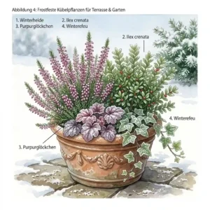 A decorative terracotta pot on a terrace with winter heath and other frostfeste pflanzen für garten.