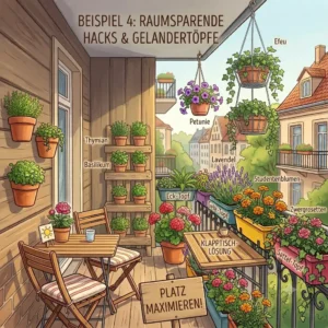 A smart space-saving hack guide demonstrating how to hang balkonpflanzen für kleine balkone using railing planters.