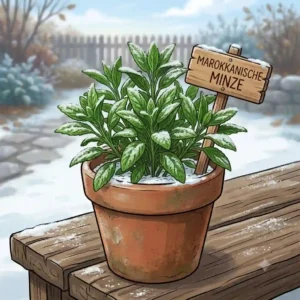 Vibrant green Moroccan mint (Kräuterpflanzen winterhart) in a snowy container garden