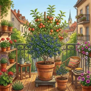 Illustration showcasing blueberry bushes, popular 'obstpflanzen im topf für balkon' for their decorative and edible berries