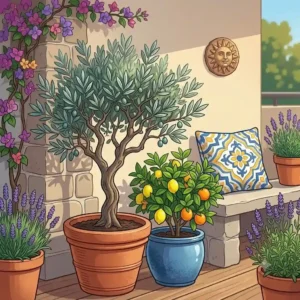 Ein kleiner Olivenbaum und Zitruspflanzen verreihen mediterranes Flair als stilvolle Sommerpflanzen für Terrasse und Lounge-Bereich.
