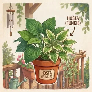 A botanical illustration highlighting the lush variegated leaves of Hosta Funkien as durable balkonpflanzen für halbschatten (balcony plants for partial shade).