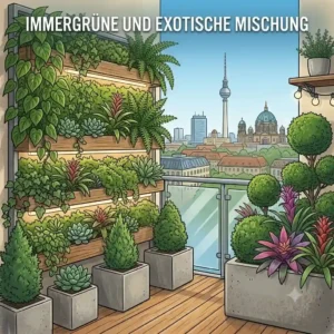 Evergreen and exotic plant mix on modern terrace with city view.