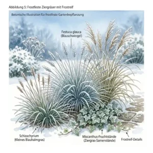 Ziergräser (ornamental grasses) covered in hoarfrost serve as majestic frostfeste pflanzen für garten.