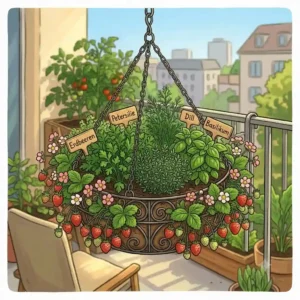 Eine hängende Ampel mit Erdbeerpflanzen als Idee für gemüsepflanzen für kleine flächen auf dem Balkon oder der Terrasse.