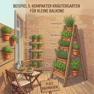 An infographic showcasing an assortment of useful and easy-to-grow herbal balkonpflanzen für kleine balkone for urban dwellers.