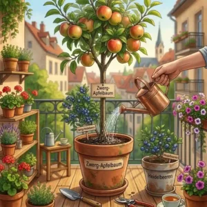 Illustration depicting citrus fruits, such as lemons or oranges, adding a Mediterranean touch as 'obstpflanzen im topf für balkon