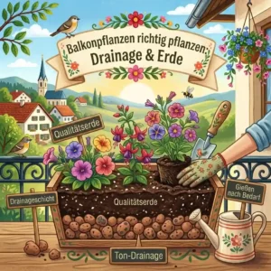 A demonstration of how to plant long-blooming balcony plants featuring a clay drainage layer, high-quality soil, and healthy young plants.