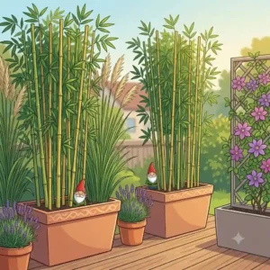 Hoher Bambus und Chinaschilf in Raumteilern dienen als natürlicher Sichtschutz und grüne Sommerpflanzen für Terrasse und Garten.