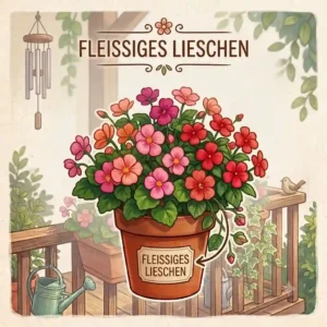 A cheerful illustration of red and pink Fleißiges Lieschen, popular balkonpflanzen für halbschatten (balcony plants for partial shade).