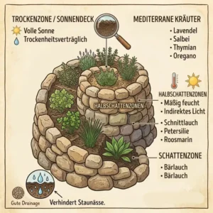 Eine Kräuterspirale mit der optimalen Zone für Kräuterpflanzen für sonnige Lage