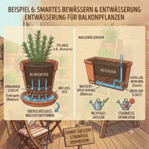 A technical cross-section diagram showing optimal soil layering and drainage for healthy balkonpflanzen für kleine balkone in small containers.