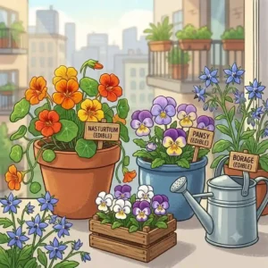 Colorful flowers planted alongside other essbare pflanzen für urban gardening.