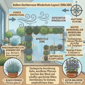 A layout diagram for arranging balkonpflanzen für windige lage on a terrace.