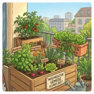 Zeichnung von guten Nachbarpflanzen im Beet für den erfolgreichen Anbau von gemüsepflanzen für kleine flächen.