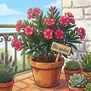 "A beautiful potted oleander with pink flowers, a heat-resistant pflanzen fuer sued-balkon hitzebestaendig suited for full sun."