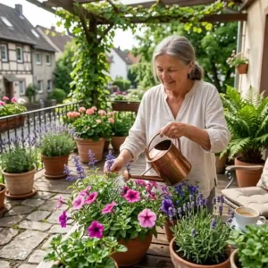 Eine Person gießt blühende Sommerpflanzen für die Terrasse mit einer Gießkanne am frühen Morgen.