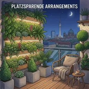 Space-saving plant arrangements on a small modern terrace.