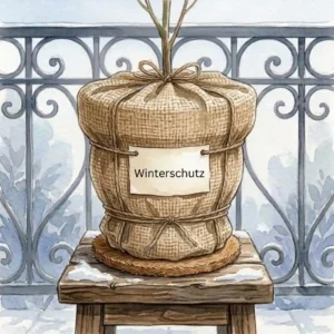Plant pot wrapped in jute cloth for protecting winterharte pflanzen für nordbalkon during severe frost.