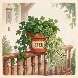 An illustration of trailing variegated Efeu (Ivy), a versatile addition to any balkonpflanzen für halbschatten (balcony plants for partial shade) setup.