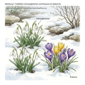 Delicate Snowdrops and Krokusse emerging through snow, early blooming frostfeste pflanzen für garten.