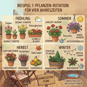 A colorful seasonal calendar illustrating different types of balkonpflanzen für kleine balkone for Spring, Summer, Autumn, and Winter.