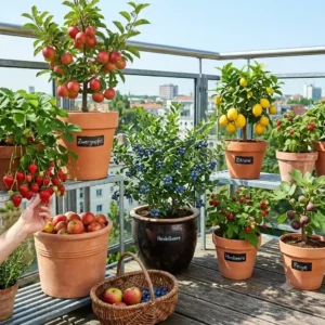 Illustration providing practical tips for the proper care and maintenance of 'obstpflanzen im topf für balkon' to ensure their health and productivity