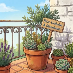 "Heat-resistant pflanzen fuer sued-balkon hitzebestaendig in porous terracotta pots to help protect roots from intense heat."