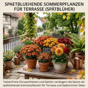 Farbenfrohe Chrysanthemen und Dahlien verlängern die Saison als spätblühende Sommerpflanzen für Terrasse und Spätsommer-Deko.