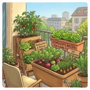 Illustration von Radieschen und kleinen Möhren im Topf als ideale gemüsepflanzen für kleine flächen.